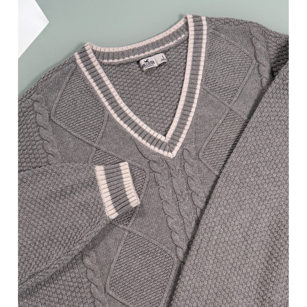 Hollister Cable Knit Pullover Sweater Womens L Gray V-Neck Casual CozyCore